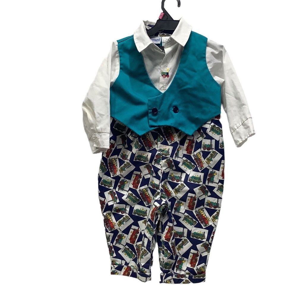 Vtg Nannette Boys 24 M Trains White Shirt Blue Teal Romper Outfit Cottonblend
